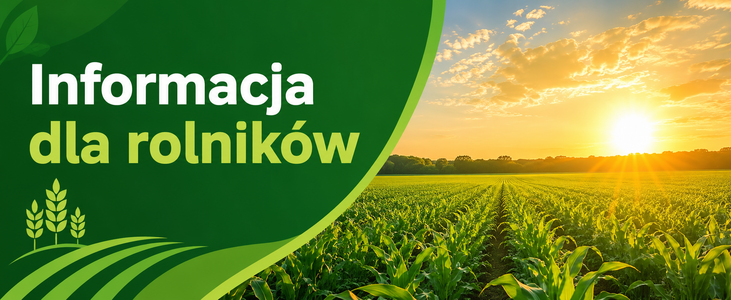 Pole kukurydzy o zachodzie słońca z napisem "Informacja dla rolników" na zielonym tle z grafiką kłosów zboża.