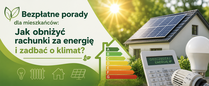 Na zielonym tle napis: "Bezpłatne porady dla mieszkańców: Jak obniżyć rachunki za energię i zadbać o klimat?". Obok dom z panelami słonecznymi, etykieta energetyczna i kalkulator z napisem "Oszczędzaj energię".