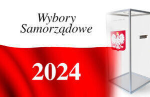 Grafika przedstawia z prawej strony urnę z naklejonym Godłem Polski. Po środku znajduje się czarny napis Wybory Samorządowe 2024.