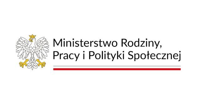 Grafika przedstawia logo Ministerstwa Rodziny, Pracy i Polityki Społecznej. Poniżej czarnego napisu znajduje się pasek biało czerwony symbolizujący flagę Polski. Po lewej stronie napisu znajduje się godło Polski Orzeł Biały.