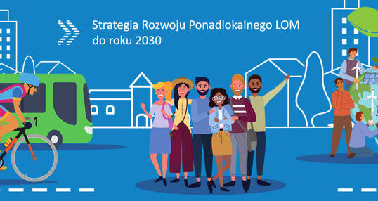 Baner przedstawiający grupę ludzi, na górze biały napis strategia rozwoju ponadlokalnego LOM do roku 2030