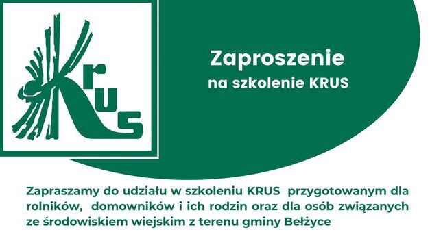 Grafika w kolorystyce biało zielonej przedstawia logotyp KRUSU. Napis zaproszenie na szkolenie krus