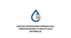 Grafika przedstawia niebieską kroplę, po prawej stronie trzy kolorowe pasy niebieski, zielony, czerwony. Poniżej czarny napis Zakład Gospodarki Komunalnej i Mieszkaniowej w Bełżycach informuje.