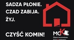 Grafika zawiera po prawej stronie czerwony, uproszczony zarys domu z kominem.  W prawym dolnym rogu widoczne jest logo MCK – Międzywojewódzki Cech Kominiarzy, z charakterystycznym cylindrem kominiarskim.
Tło: czarne, co wzmacnia kontrast i powagę przekazu. Po lewej stronie tekst białymi literami następującej treści: 
"SADZA PŁONIE. CZAD ZABIJA. ŻYJ. CZYŚĆ KOMIN!"