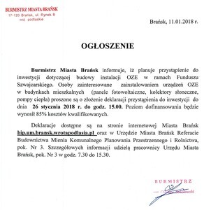 Urząd Miasta Brańsk oczekuje do 26 stycznia na deklaracje w sprawie chęci instalacji w budynkach mieszkalnych urządzeń OZE (panele fotowoltaiczne, kolektory słoneczne, pompy ciepła)