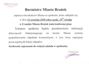 Zaproszenie na spotkanie w sprawie systemu gospodarowania odpadami komunalnymi - 12.09.2018