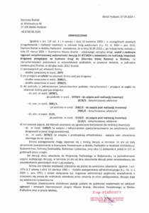 Obwieszczenie Starosty Bielskiego o wydaniu z nadanym rygorem natychmiastowej wykonalności decyzji nr 87/2024 o zezwoleniu na realizację inwestycji drogowej polegającej na budowie drogi do Zbiornika Małej Retencji w Brańsku