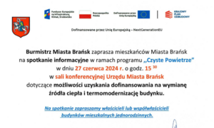 Zdjęcie przedstawia plakat informacyjny z logo miasta i Unii Europejskiej. Ogłasza spotkanie dotyczące wymiany ciepłociągu, finansowane z funduszy UE, zaplanowane na 27 czerwca 2024 r.