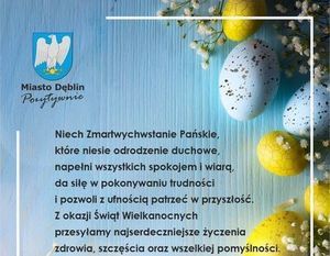 Kawałek życzeń w formie graficznej, herb Miasta Dęblin z napisami Miasto Dęblin Pozytywnie i życzeniami