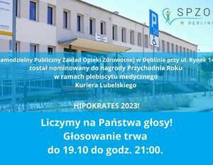 Samodzielny Publiczny Zakład Opieki Zdrowotnej w Dęblinie przy ul. Rynek 14 awansował do wojewódzkiego finału plebiscytu Kuriera Lubelskiego HIPOKRATES 2022!(1)