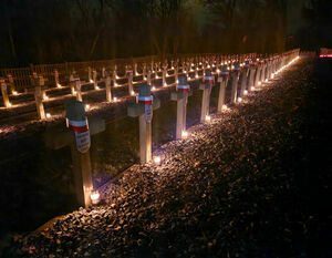 Nocne zdjęcie rzędu białych krzyży z zapalonymi świecami na przydrożnym ogrodzeniu, symbole pamięci lub żałoby.