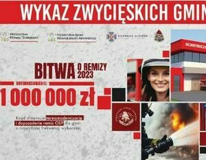 Plakat "Bitwa o Remizy 2023" z informacją o nagrodzie 1 000 000 zł. Z lewej strony grafika strażaka z wężem, po prawej uśmiechnięta kobieta w hełmie, na górze logotypy.