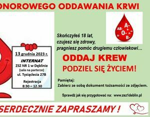 Plakat akcji honorowego oddawania krwi z kreskówkową kroplą krwi i informacją o dacie, miejscu oraz zachętą do podzielenia się życiem.