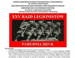 Plakat wydarzenia "XXV Rajd Legionistów" z datą 9 grudnia 2023 r. zawierający czarno-białe zdjęcie grupy żołnierzy w marszu. Informacje o organizatorach i partnerach poniżej.