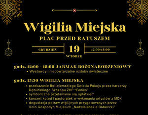 Zdjęcie przedstawia plakat informacyjny o wydarzeniu "Wigilia Miejska", które odbędzie się na placu przed ratuszem ze szczegółowym programem i dekoracjami świątecznymi.