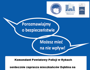 Opis alternatywny: Plakat zapraszający na spotkanie o bezpieczeństwie z hasłem "Masz wpływ!" w centrum. Zawiera datę, godzinę i miejsce wydarzenia oraz informacje o organizatorach. Grafika z niebieskimi akcentami i symbolami bezpieczeństwa.