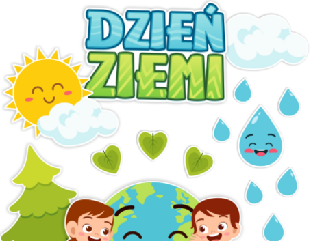 Ilustracja z okazji Dnia Ziemi przedstawia radosne dzieci, uśmiechniętą Ziemię, drzewo, słońce, chmury oraz pojemniki do segregacji odpadów.
