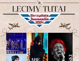 Plakat koncertu "Lecimy Tułata Juwenalia 2024" z datą 23.05.2024 i godziną 18:00. Zdjęcia artystów: Dejota Law, Kabe, Blacha 2115, Tupo.Lev oraz Michał Wiśniewski. Loga sponsorów na dole.