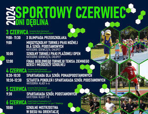 Plakat informacyjny o sportowych turniejach w czerwcu z grafikami ludzi uprawiających różne dyscypliny, harmonogramem wydarzeń, i kolorowymi, geometrycznymi elementami dekoracyjnymi.