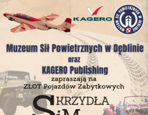 Plakat wydarzenia w muzeum z samolotami i samochodami zatytułowany "Skrzydła i Motor", z informacjami o dacie, miejscu i czasie, z wizerunkami pojazdów historycznych.