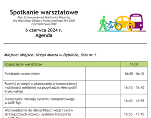 Na zdjęciu jest prezentacja z agendą konferencji na temat mobilności miejskiej. Zawiera harmonogram spotkań, tytuły prezentacji, grafiki pojazdów oraz datę i miejsce wydarzenia.