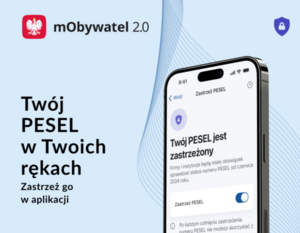 Alternatywny opis: Smartfon wyświetlający aplikację "mObywatel 2.0" z kartą "Twój PESEL w Twoich rękach". Grafika promocyjna z logo Polski i Głównego Urzędu Ośrodków Informatyki.