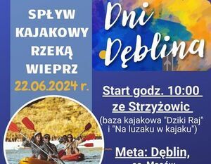 Plakat promujący wydarzenie "Dni Deblina" z kajakarzami na rzece, szczegółami wydarzenia i kolorową grafiką z elementami wodnymi.