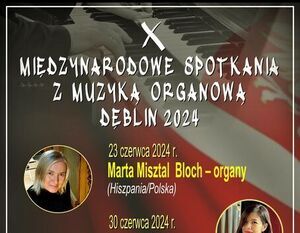 Plakat wydarzenia muzycznego "Międzynarodowe Spotkania z Muzyką Organową Dęblin 2014" z fotografiami czterech artystów, datami występów, informacjami o miejscu i sponsorach.