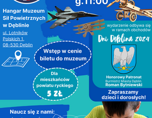 Plakat promujący VII Akademię Modelarską w Hangarze Muzeum Sił Powietrznych w Dęblinie, z informacjami o dacie, lokalizacji i atrakcjach, wraz z grafiką przedstawiającą modelarstwo i symbole lotnicze.