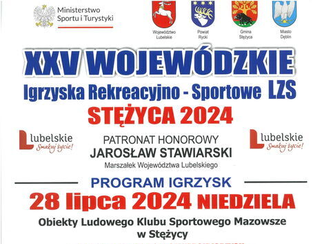 To zdjęcie przedstawia plakat informacyjny dotyczący "Igrzysk Rekreacyjno-Sportowych LZS – Strężyca 2024", który zawiera informacje o wydarzeniu, daty, logotypy sponsorów oraz nazwiska organizatorów.