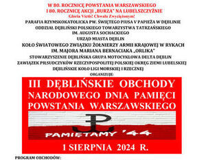 Plakat informacyjny o obchodach 80. rocznicy Powstania Warszawskiego w Dęblinie, z programem wydarzeń, logotypami organizatorów i czerwono-białymi akcentami.