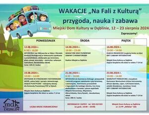 Plakat informacyjny o wakacyjnym projekcie "Przygoda, Nauka i Kultura" w Miejskim Domu Kultury w Deblinie od 12-23 sierpnia 2014, zawiera grafiki, daty, wydarzenia i czasy.