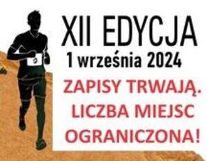 Baner promujący bieg pamięci "Tropem Wilczym" z datą 1 września 2024 w mieście Dęblin. Ilustracje biegaczy, logo miasta i informacja o ograniczonej liczbie miejsc.