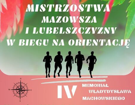 Plakat wydarzenia sportowego "Mistrzostwa Polski i Mazowsza w Biegu na Orientację" z datą 28 września 2024 w miejscowości Góra Kalwaria. Zawiera sylwetki biegaczy i kompas, informacje, logotypy sponsorów.