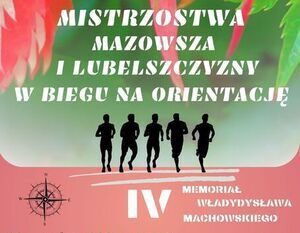 Plakat wydarzenia sportowego "Mistrzostwa Polski i Mazowsza w Biegu na Orientację" z datą 28 września 2024 w miejscowości Góra Kalwaria. Zawiera sylwetki biegaczy i kompas, informacje, logotypy sponsorów.