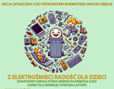 Alternatywny opis zdjęcia: Plakat z grafiką komputera, telefonów i baterii ułożonych w przypominający ludzika kształt. Tekst informuje o akcji zbiórki elektrośmieci w mieście Dęblin.