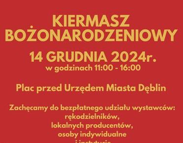 plakat na kiermasz bożonarodzeniowy na czerwonym tle żółte napisy z grafiką prezentów