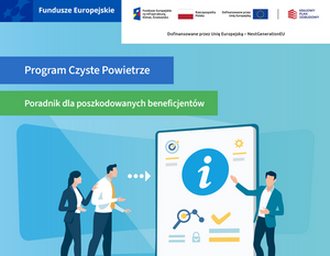 Grafika przedstawia parę ludzi i duży ekran z ikoną informacji, otoczone elementami graficznymi. U góry logo "Fundusze Europejskie" i napis "Program Czyste Powietrze". Na dole różne logotypy instytucji.