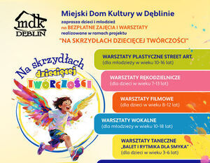 Plakat promujący bezpłatne warsztaty w Miejskim Domu Kultury w Dęblinie. Zajęcia obejmują sztukę, rękodzieło, wokal, taniec i teatr. Wiek uczestników: 6-12 lat. Zapisy od 29 września. Liczba miejsc ograniczona.