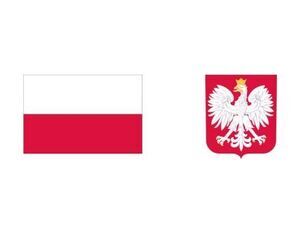 Flaga Polski i herb Polski. Flaga ma poziome pasy - biały na górze i czerwony na dole. Herb przedstawia białego orła w złotej koronie na czerwonym tle.