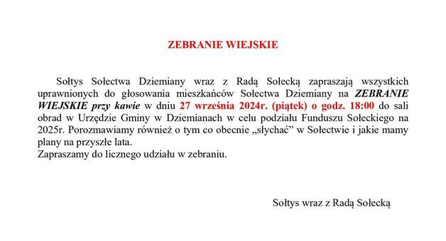 ZEBRANIE WIEJSKIE SOŁECTWA DZIEMIANY