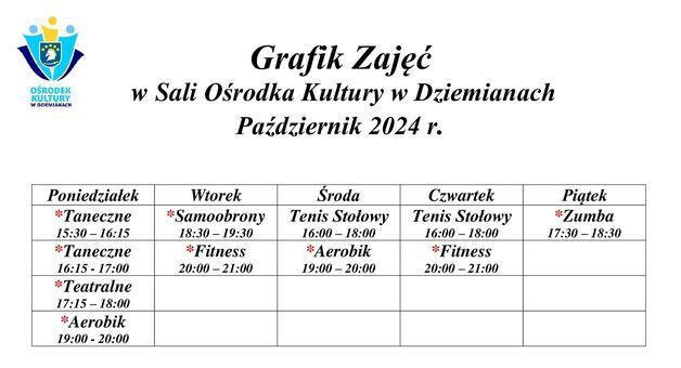 Grafik Zajęć w Sali Ośrodka Kultury w Dziemianach - Październik 2024 r.