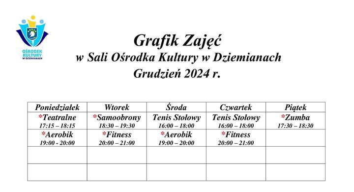 Grafik Zajęć w Sali Ośrodka Kultury w Dziemianach - Grudzień 2024 r.