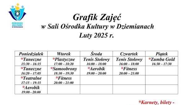 Grafik Zajęć w Sali Ośrodka Kultury w Dziemianach - Luty 2025 r.