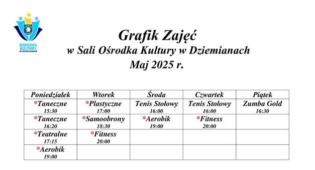 Grafik Zajęć w Sali Ośrodka Kultury w Dziemianach - Maj 2025 r.