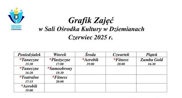 Grafik Zajęć w Sali Ośrodka Kultury w Dziemianach - Czerwiec 2025 r.