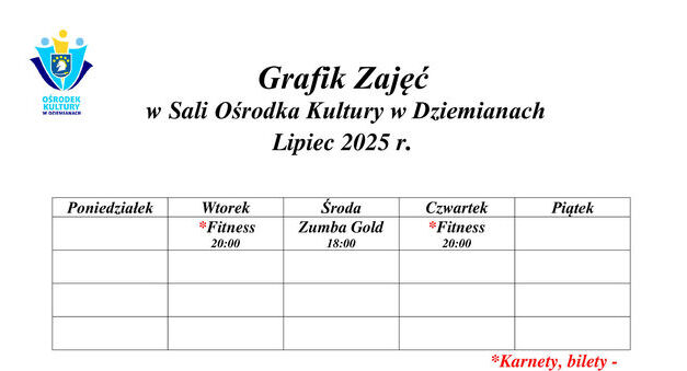 Grafik Zajęć w Sali Ośrodka Kultury w Dziemianach - Lipiec 2025 r.