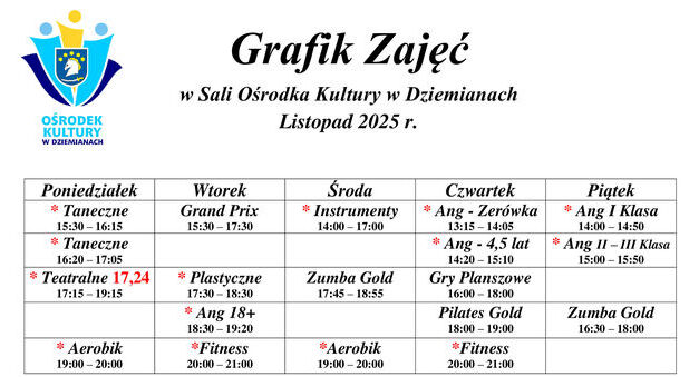 Grafik Zajęć w Sali Ośrodka Kultury w Dziemianach - Listopad 2025 r.