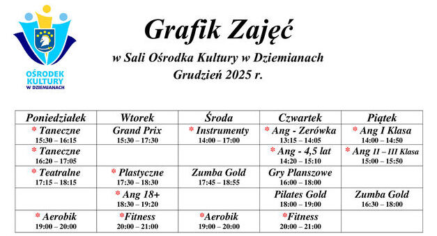 Grafik Zajęć w Sali Ośrodka Kultury w Dziemianach - Grudzień 2025 r.