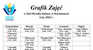 Grafik Zajęć w Sali Ośrodka Kultury w Dziemianach - Luty 2026 r.